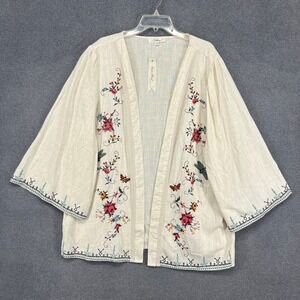 Solitaire Kimono Cardigan Women 2X Beige Linen Blend Floral Embroidered Boho Bee